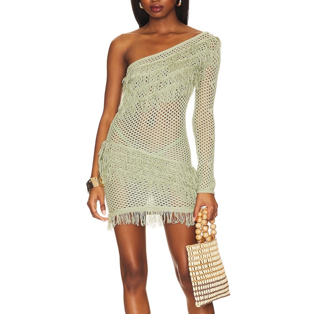 Sage Green One Shoulder Crochet Cover Up Dress Tularosa Peek a Boo Medium